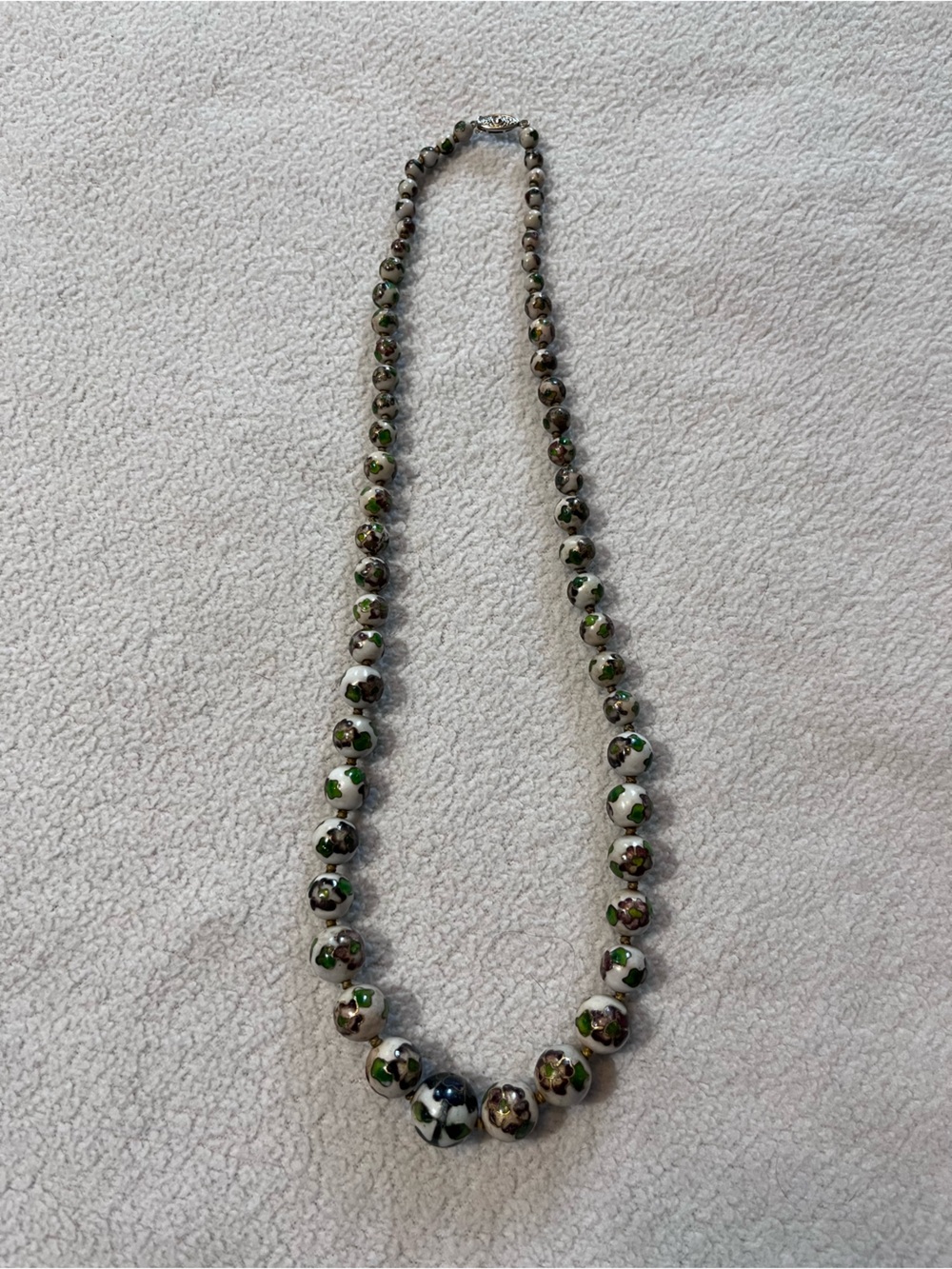 Vintage cloisonné Hand-Painted White Bead Necklace with Green Floral Accents
